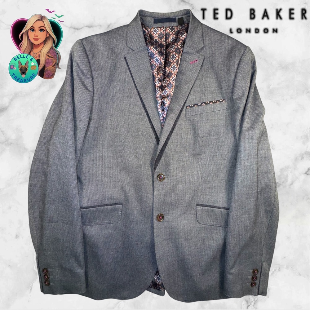 Ted‎ Baker Blazer Men's 38R Blue Elrand Unstructured Stetch Polkadot Pink Accent
